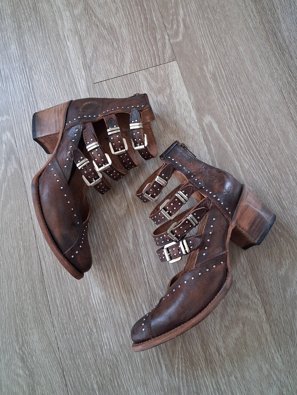 Freebird By Steven Felicity Brown Strappy Studded Leather Boots - Picture 15 of 15